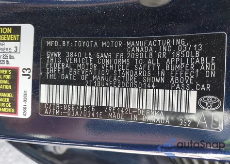 2013 Toyota Corolla Le z USA, uszkodzony, nr VIN 2T1BU4EE2DC050144